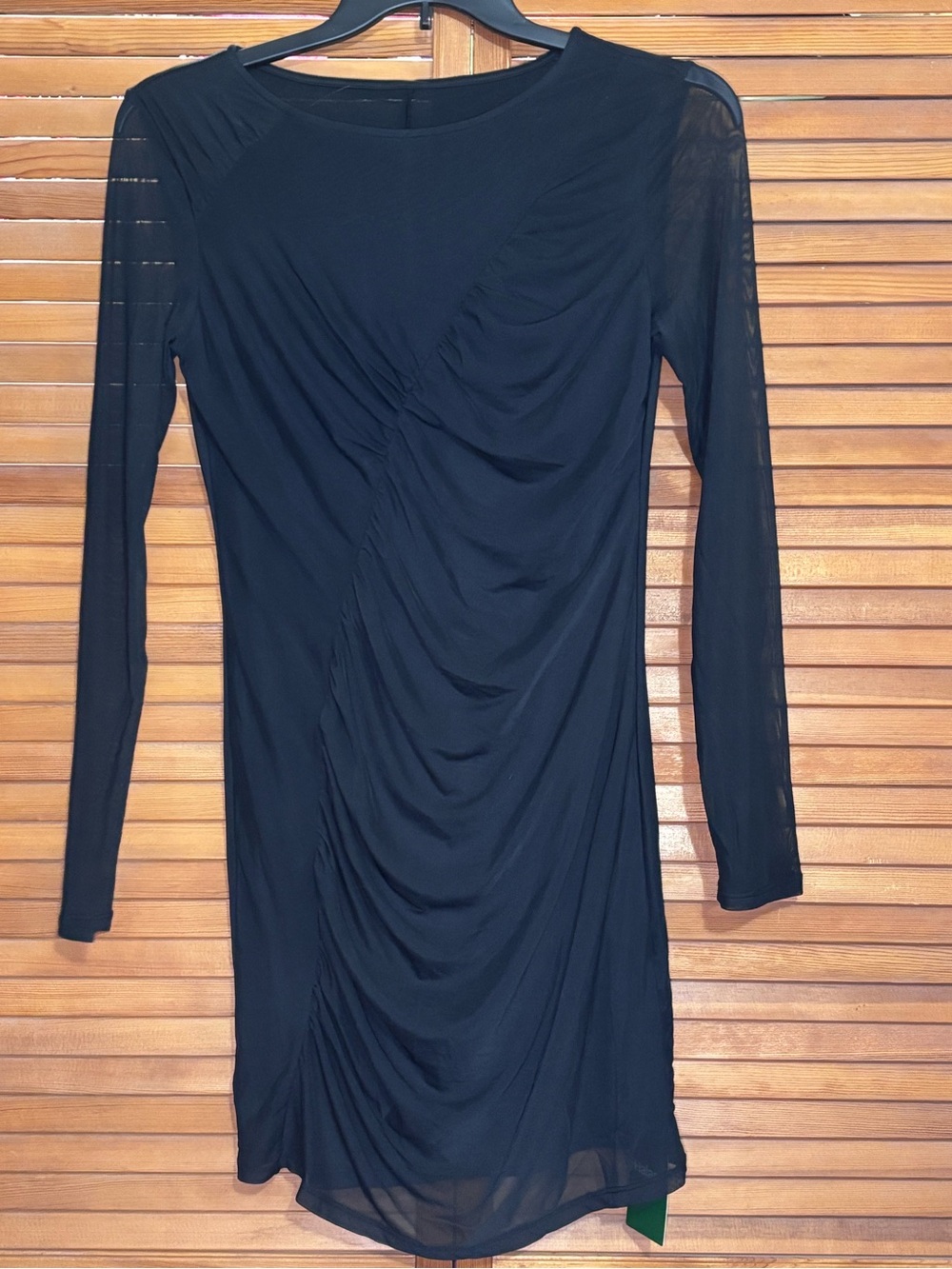 HALARA Black Ruched Long-Sleeve Dress with Sheer Sleeves